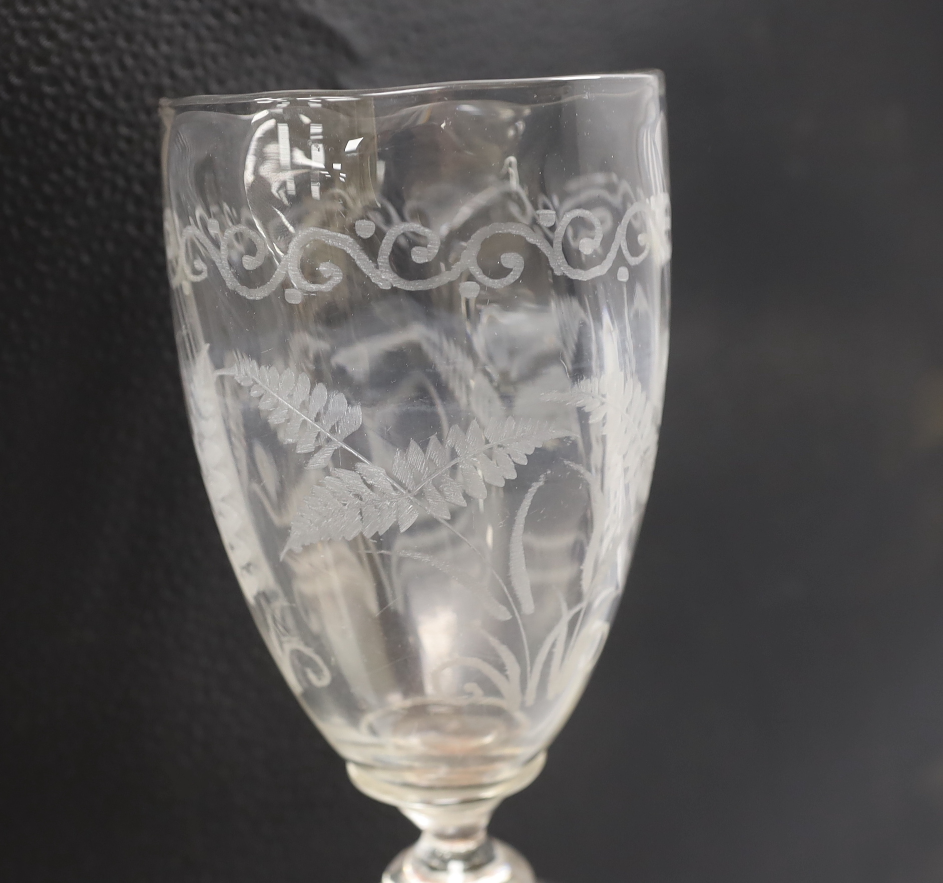 A Persian market blue glass decanter and an etched glass celery vase, tallest 34cm